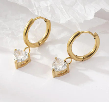 Aretes de Aro Chapados en Oro de 18K con Corazones de Cuarzo Rosa