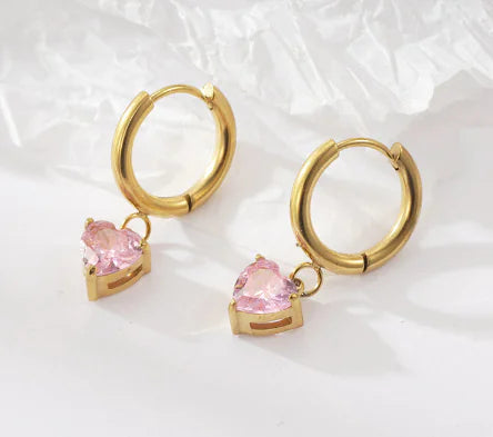 Aretes de Aro Chapados en Oro de 18K con Corazones de Cuarzo Rosa