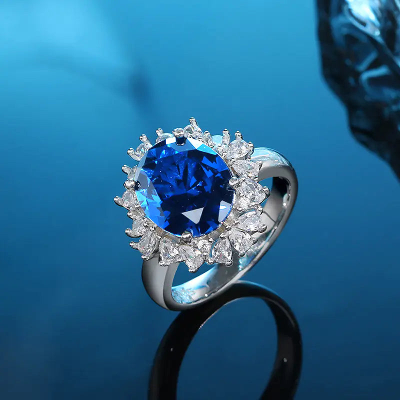 Anillo de Zafiro con Diamantes de Imitación en Plata Esterlina S925 8K