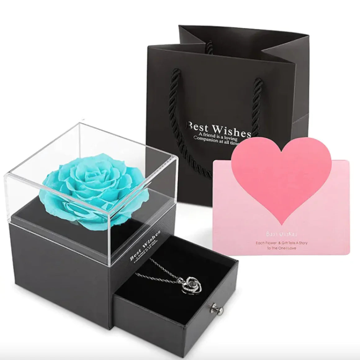 Joyero Rosa Eterna con Collar de Corazón y Caja de Regalo Premium