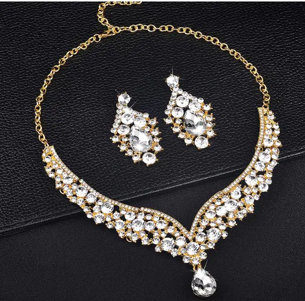 Conjunto de Aretes y Collar de Novia de Cristal con Diamantes de Imitación