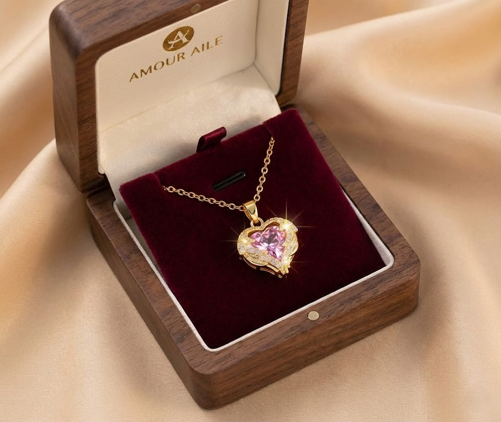 Collar Corazón Rosa y Diamantes Chapado en Oro de 18K