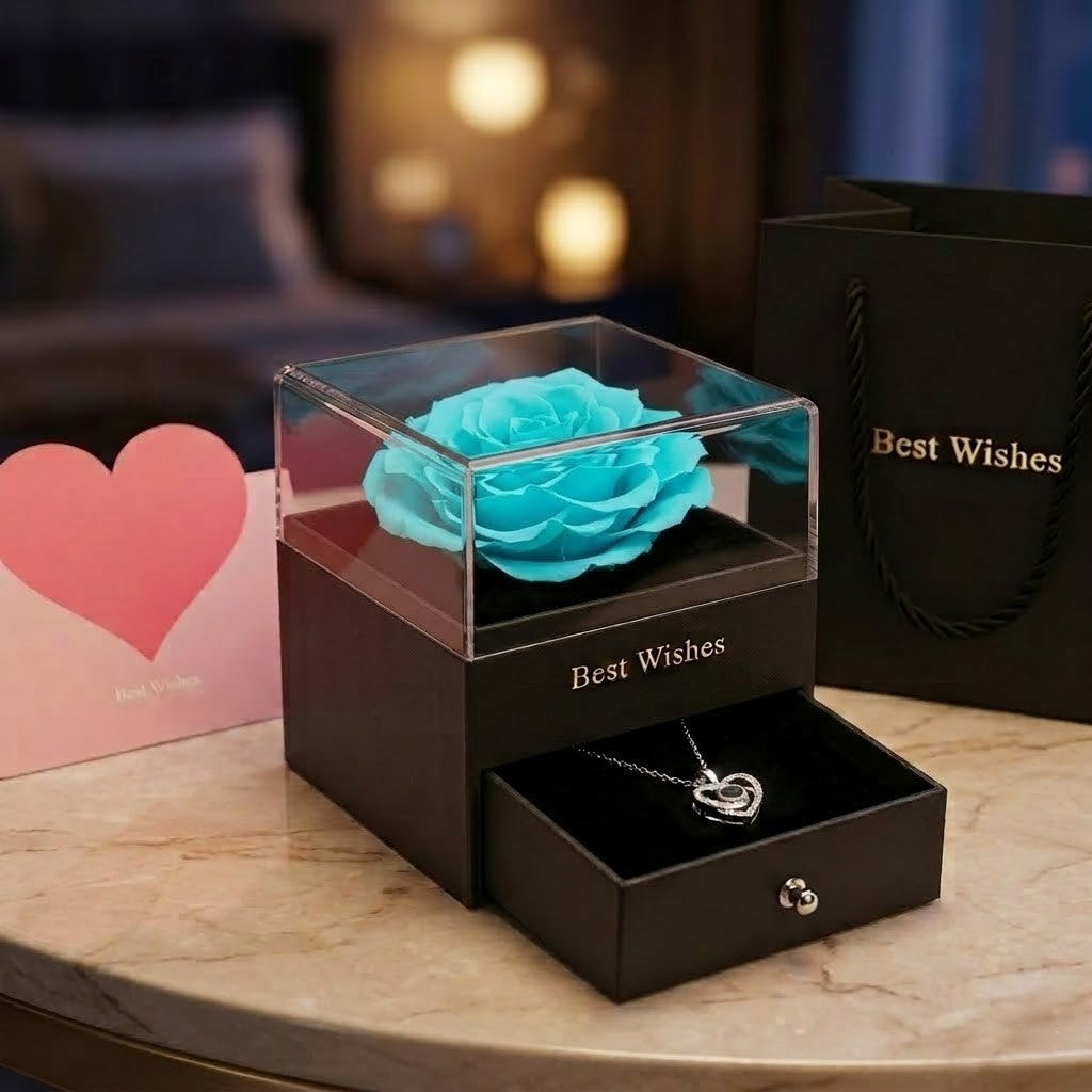 Joyero Rosa Eterna con Collar de Corazón y Caja de Regalo Premium