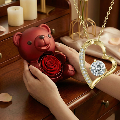 Joyero EternalHeart Oso con Rosa Eterna y Collar Sorpresa