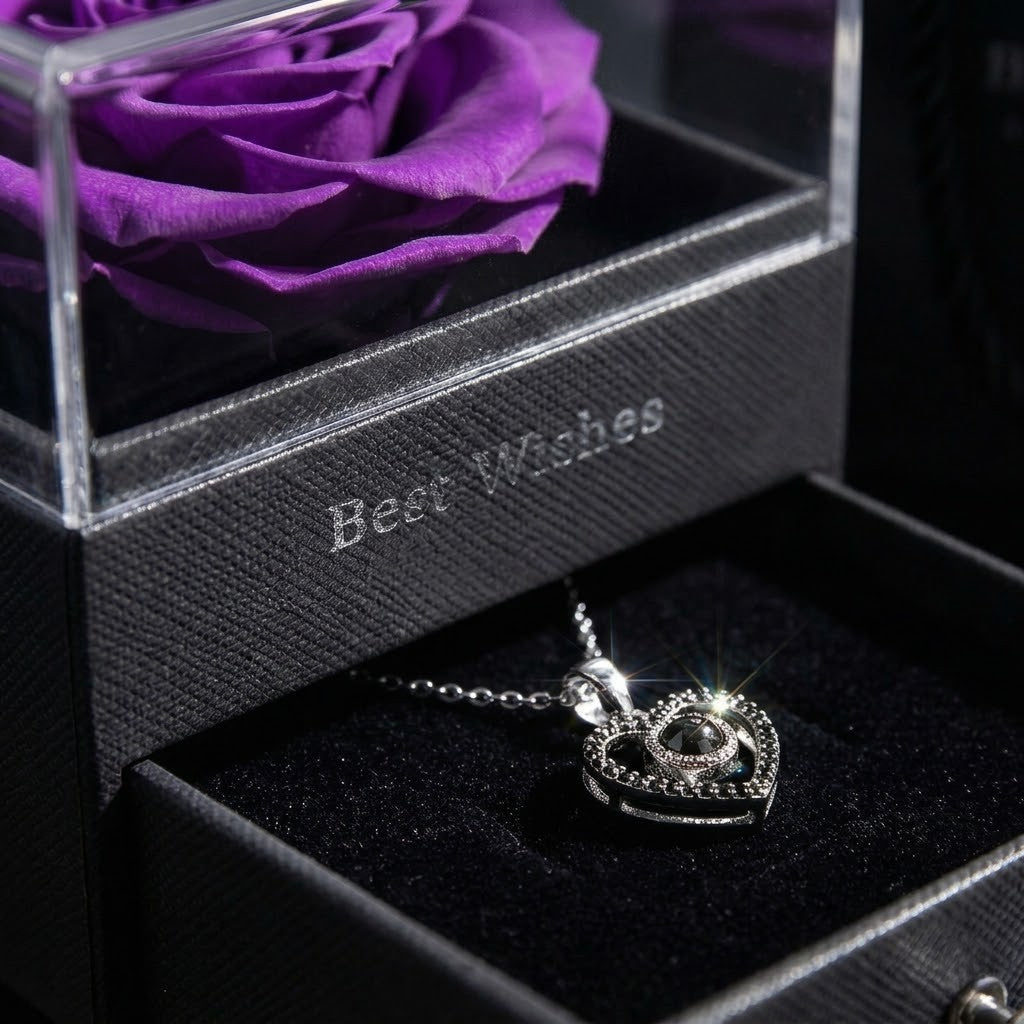 Joyero Rosa Eterna con Collar de Corazón y Caja de Regalo Premium