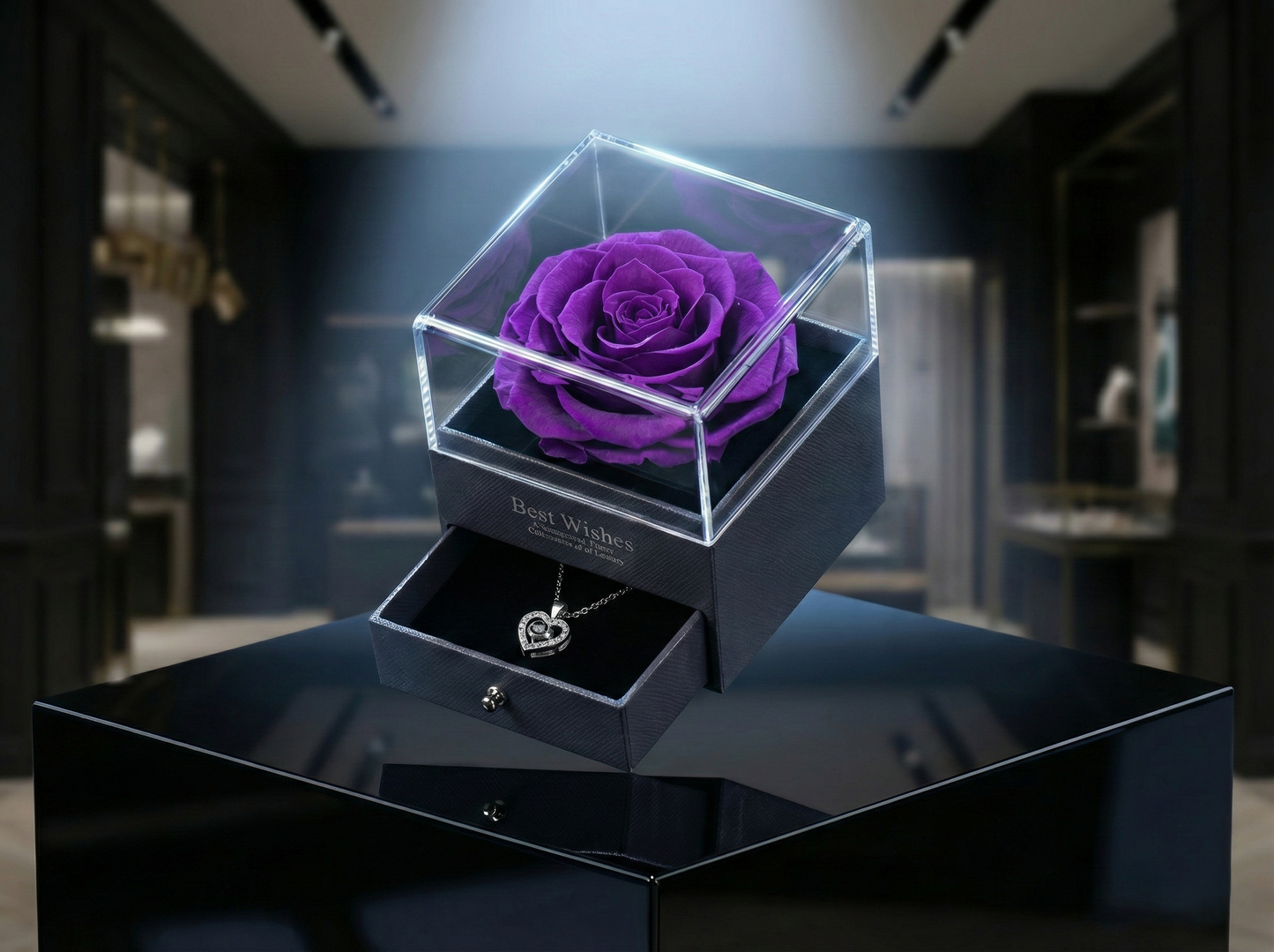 Joyero Rosa Eterna con Collar de Corazón y Caja de Regalo Premium