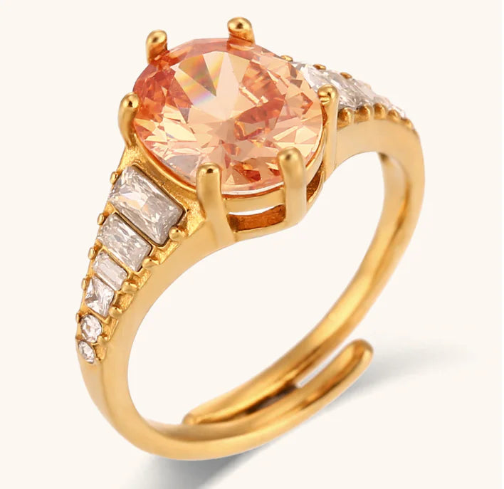 Anillo de Gema de Zircón Ovalado Ajustable en Acero de Titanio