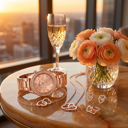 Conjunto Reloj de Lujo Oro Rosa Glamour Infinity