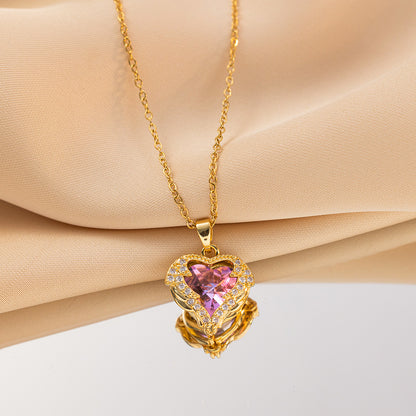 Collar Corazón Rosa y Diamantes  Chapado en Oro de 18K