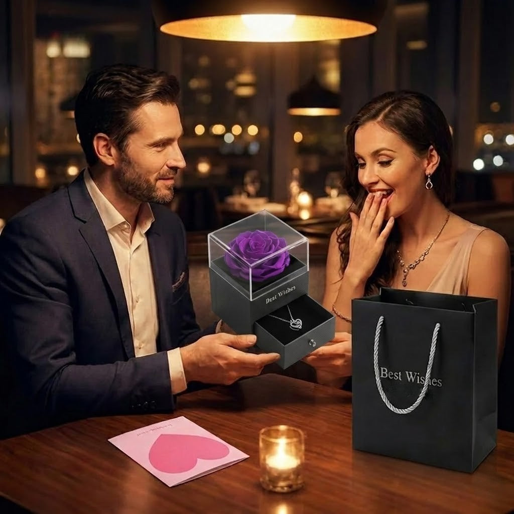 Joyero Rosa Eterna con Collar de Corazón y Caja de Regalo Premium