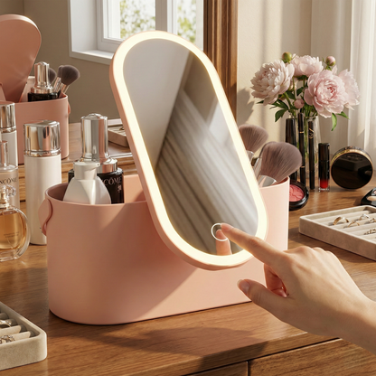 Caja de Almacenamiento y Organizador de Cosméticos con Espejo LED
