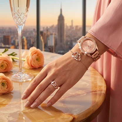 Conjunto Reloj de Lujo Oro Rosa Glamour Infinity