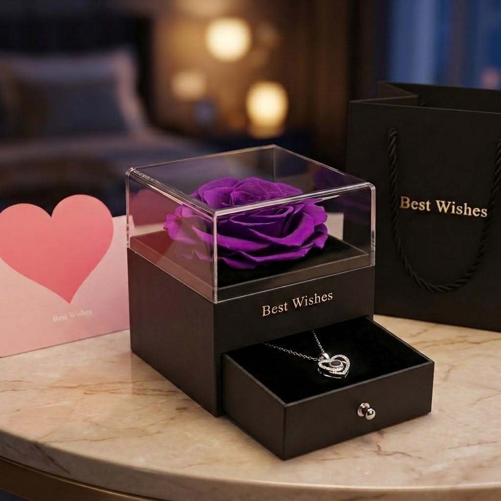 Joyero Rosa Eterna con Collar de Corazón y Caja de Regalo Premium