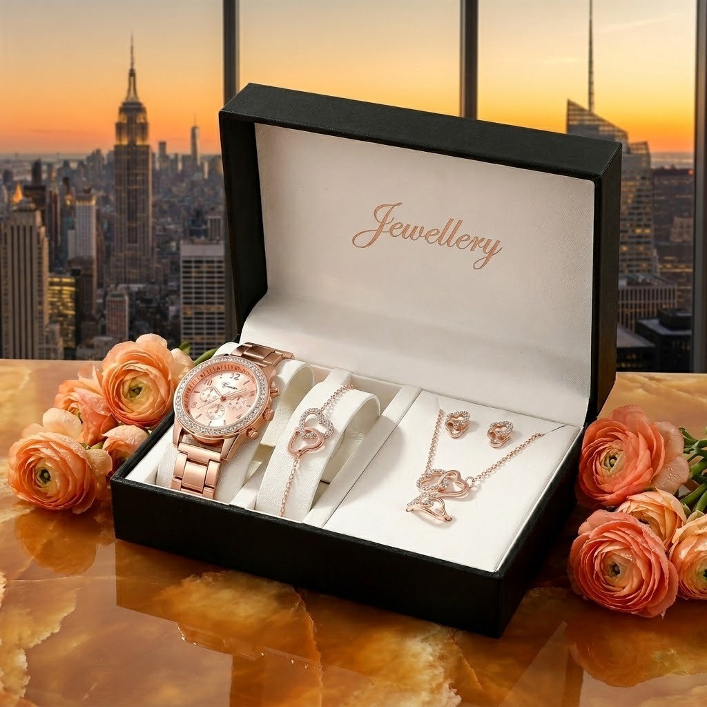 Conjunto Reloj de Lujo Oro Rosa Glamour Infinity