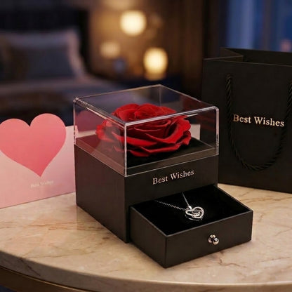 Joyero Rosa Eterna con Collar de Corazón y Caja de Regalo Premium