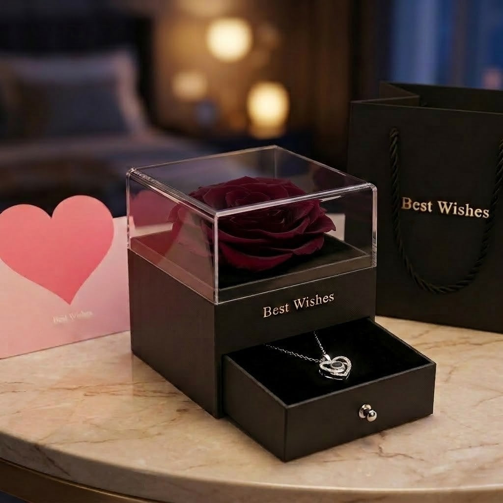 Joyero Rosa Eterna con Collar de Corazón y Caja de Regalo Premium