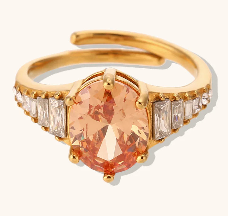 Anillo de Gema de Zircón Ovalado Ajustable en Acero de Titanio